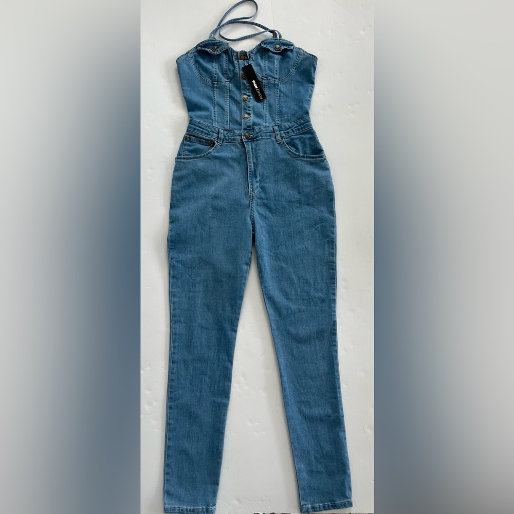 FASHION NOVA ‘Loren’ Blue Denim Halter Jumpsuit Size L NWT